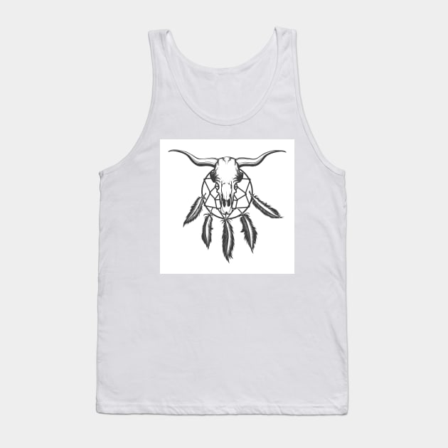 Bull skull and indian dream catcher tattoo. Native american elements Tattoo in engraving style. Tank Top by devaleta